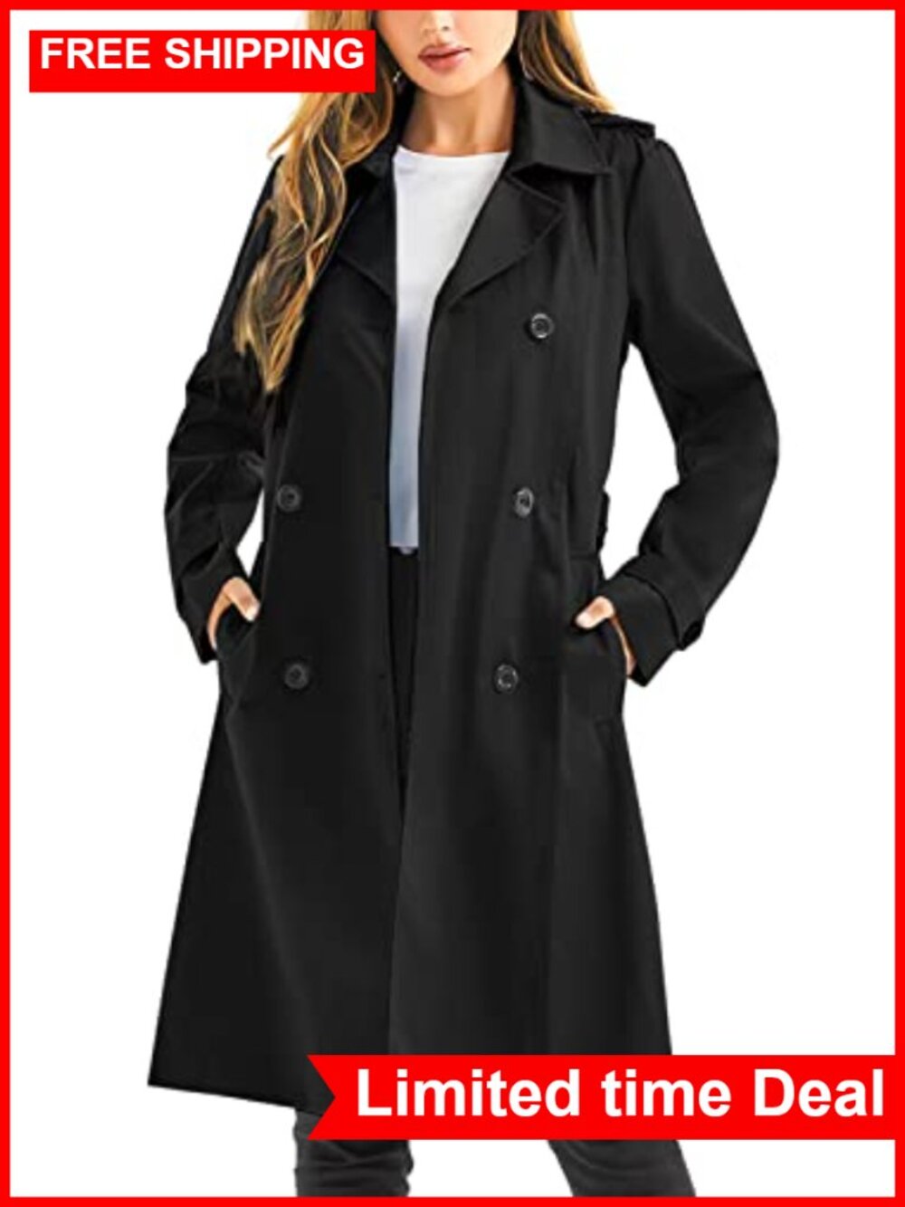 Waterproof Trench Coat Long Double Breasted Belted Removable Hood Windbreaker